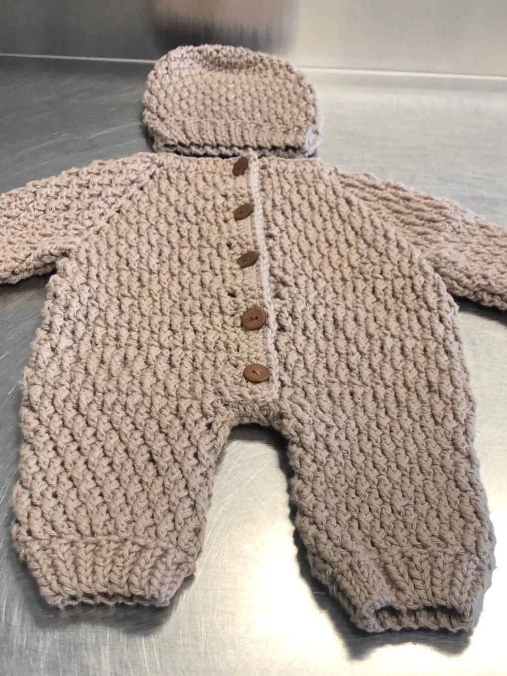 Handmade Baby Crochet Romper Gift Set with Beanie & Crochet Wooden Ring 6-9 Mos.